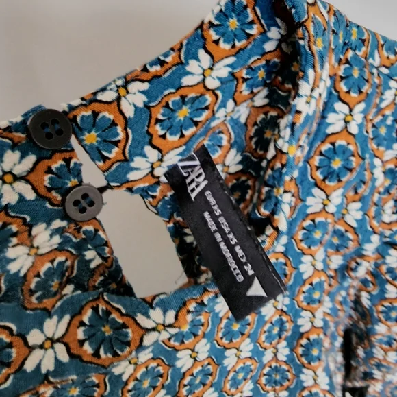 Zara Longsleeve Blouse Shirt Blue Tan Pattern - Picture 6 of 10